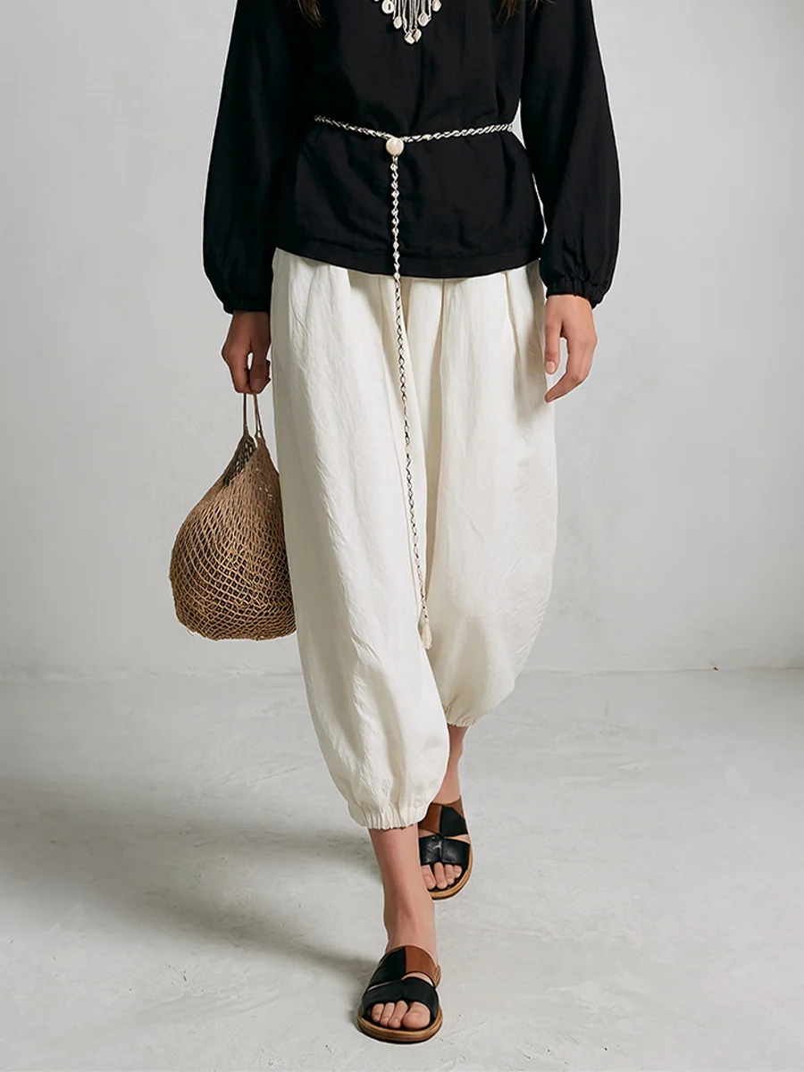 Ethnic Beaded V-Neck Blouse & Cinched-Hem Balloon Pants Set - Image 3