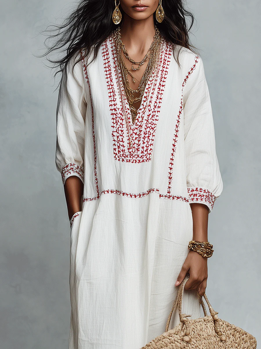 Ethnic Folk Cotton-Linen Embroidered V-Neck Ivory Kaftan Maxi Dress - Image 2