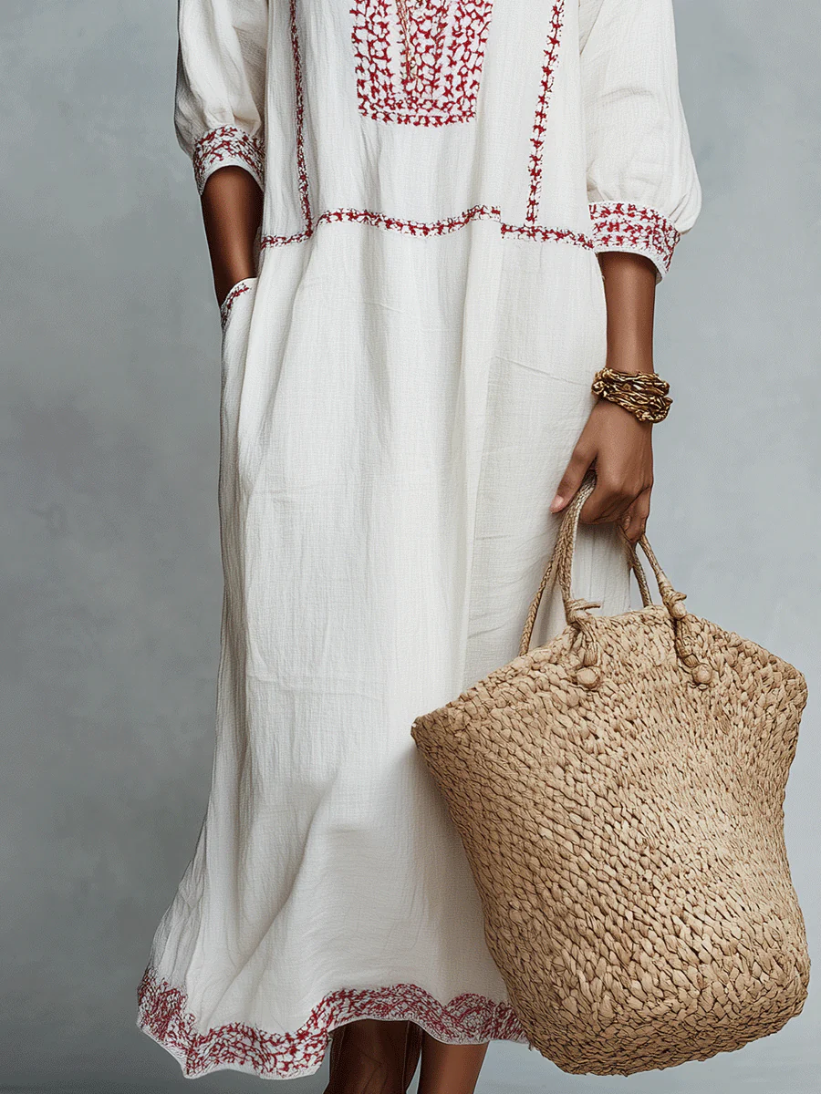 Ethnic Folk Cotton-Linen Embroidered V-Neck Ivory Kaftan Maxi Dress - Image 3