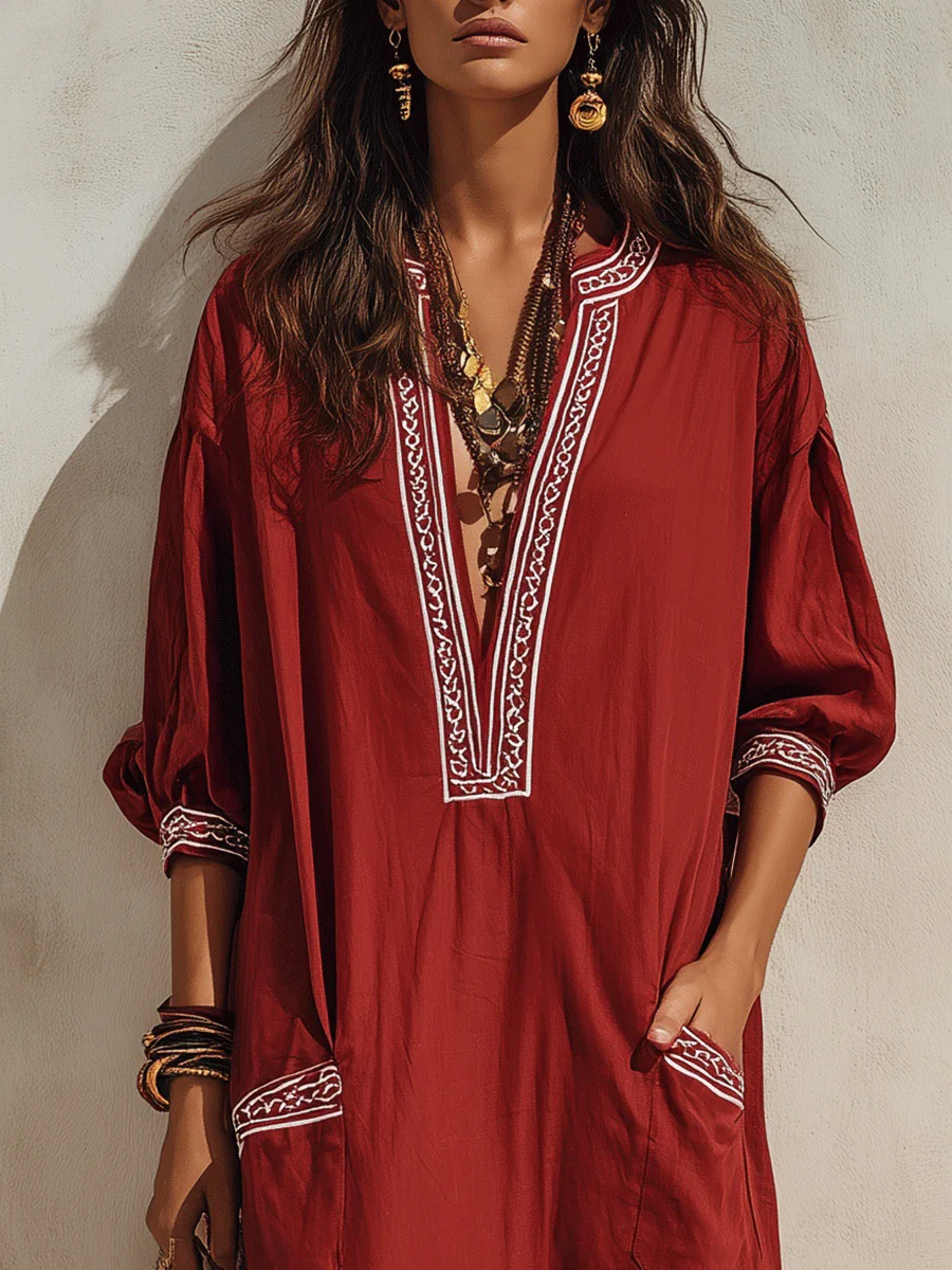 Ethnic Resort Linen Contrast-Trim Pocket Loose Brick Red Peasant Maxi Dress - Image 3