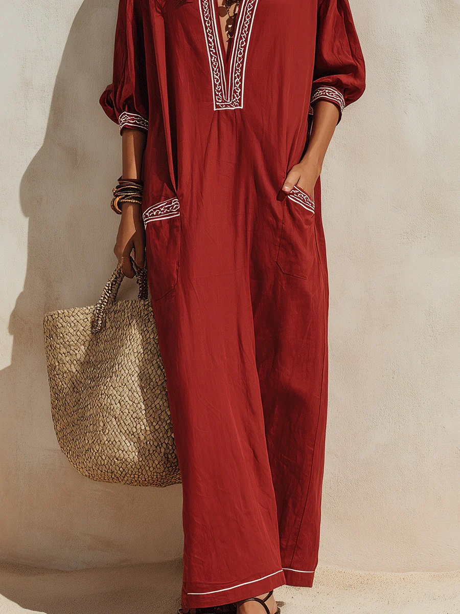 Ethnic Resort Linen Contrast-Trim Pocket Loose Brick Red Peasant Maxi Dress - Image 4