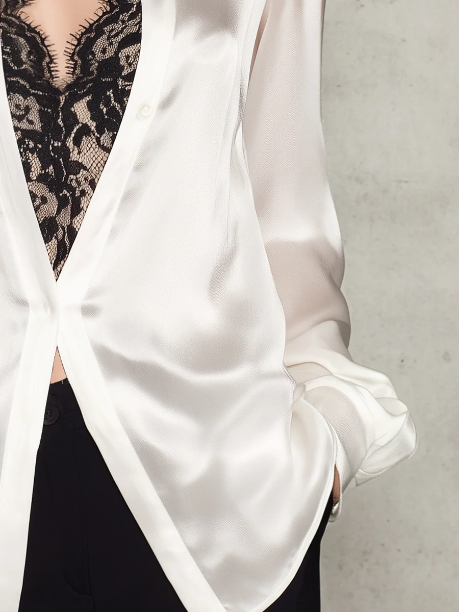 Exquisite Ivory Lace-paneled Satin Shirt - Image 3