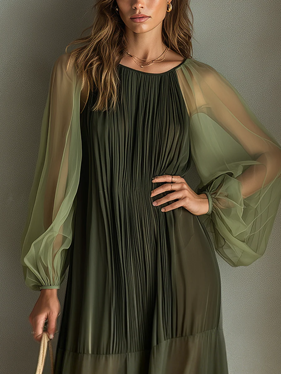 Flowy Olive Sheer Pleated Midi Dress - Image 2