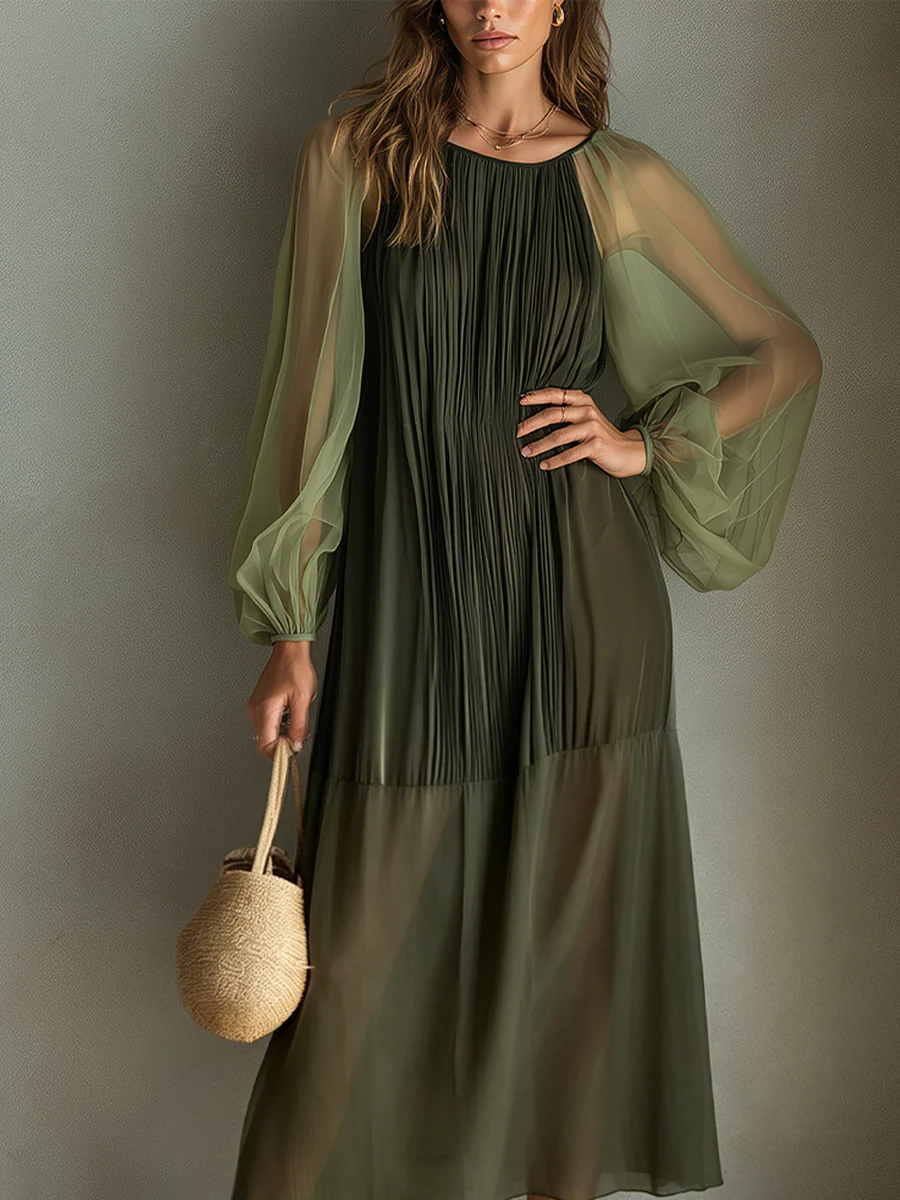 Flowy Olive Sheer Pleated Midi Dress - Image 3