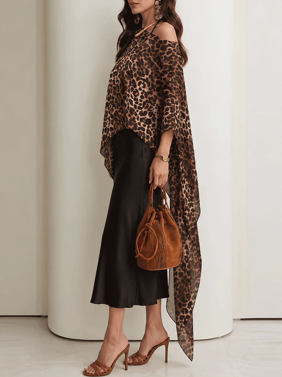Glam Boho Leopard Chiffon Cape Top & Black Satin Maxi Skirt Set - Image 2