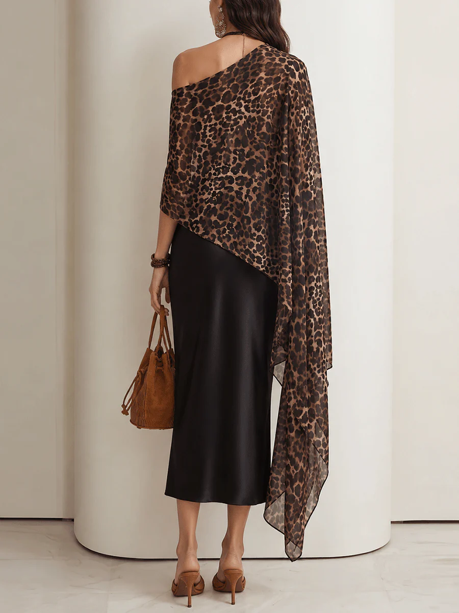 Glam Boho Leopard Chiffon Cape Top & Black Satin Maxi Skirt Set - Image 3