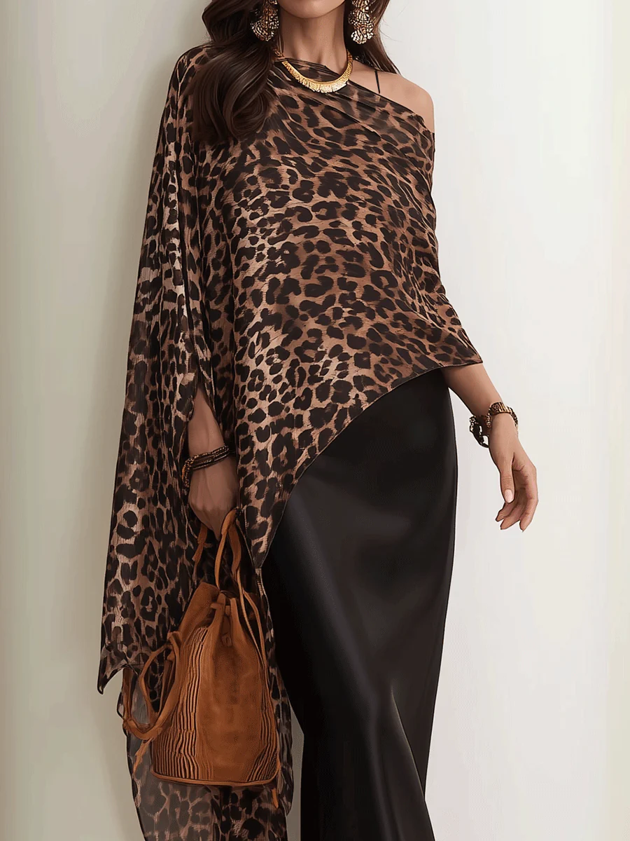 Glam Boho Leopard Chiffon Cape Top & Black Satin Maxi Skirt Set - Image 4