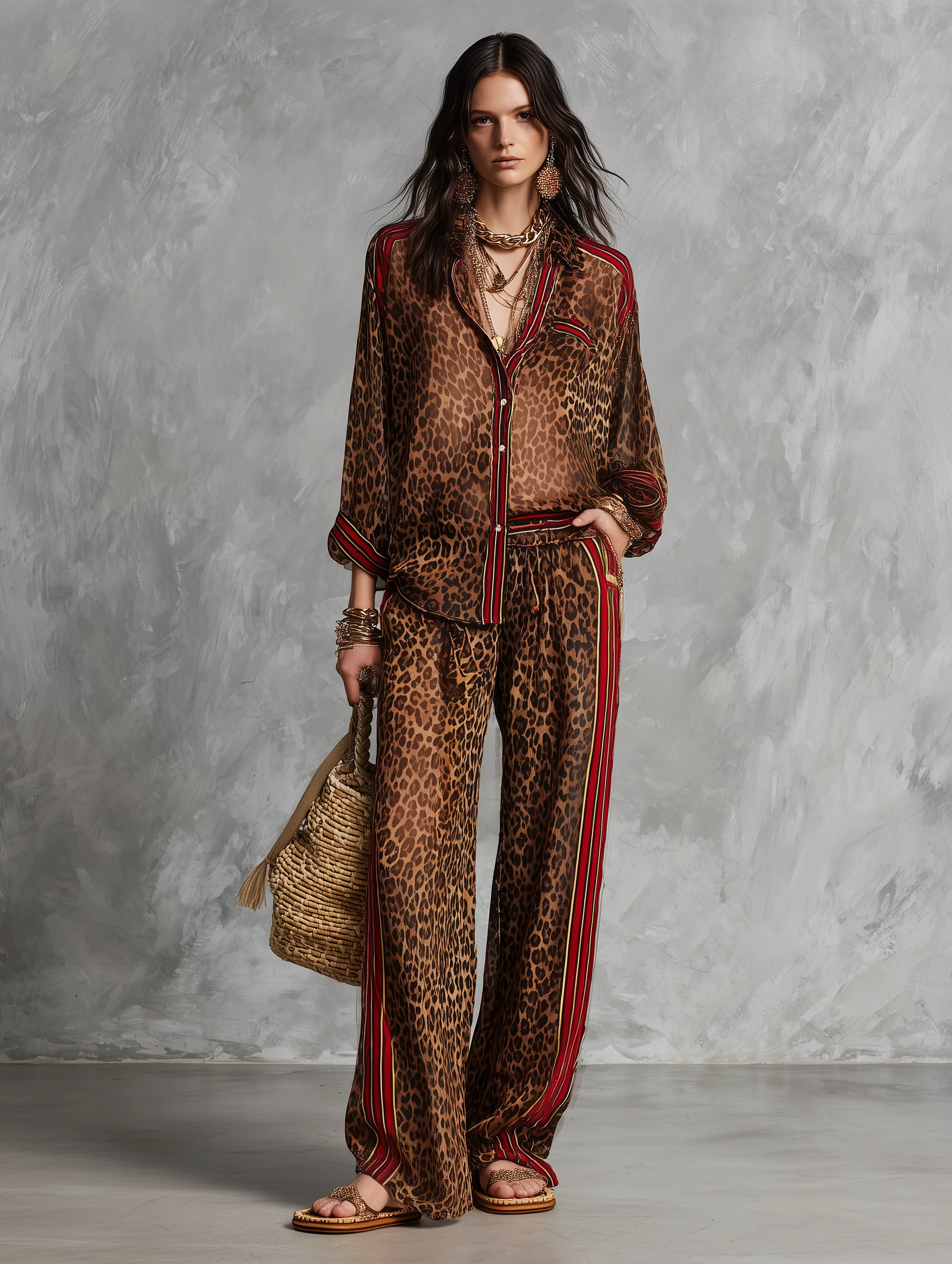 Glam Vacation Sheer Leopard Red-Trim Collared Brown Shirt & Trouser Set - Image 2