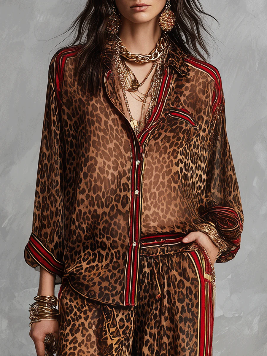 Glam Vacation Sheer Leopard Red-Trim Collared Brown Shirt & Trouser Set - Image 3
