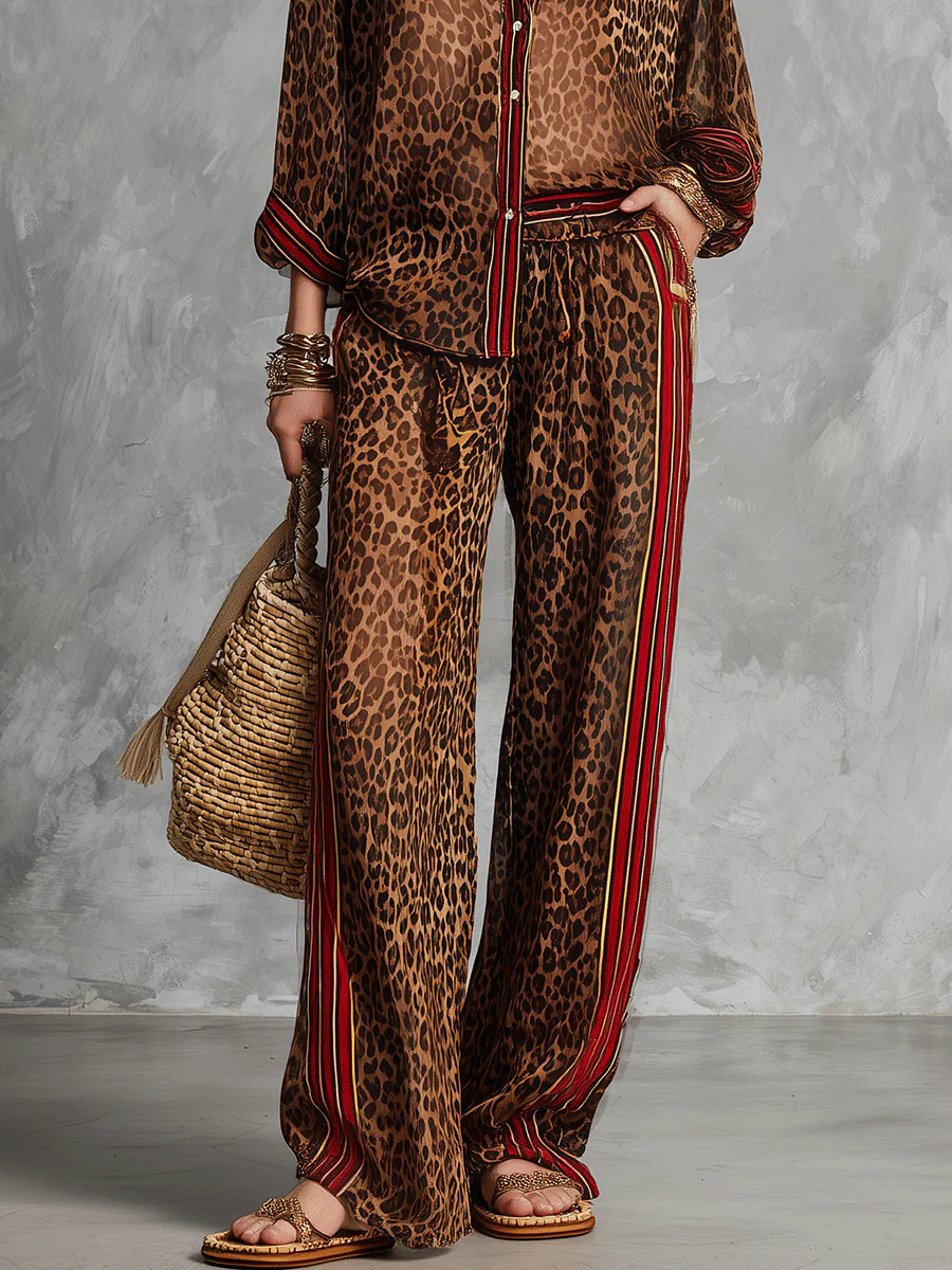 Glam Vacation Sheer Leopard Red-Trim Collared Brown Shirt & Trouser Set - Image 4