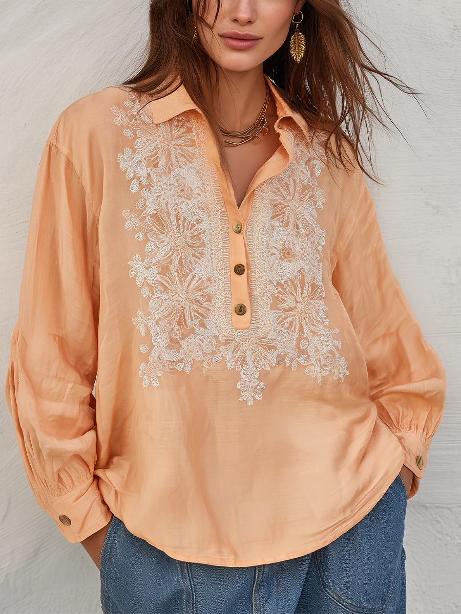 Graceful Apricot Floral Embroidered Blouse