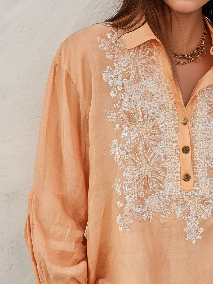 Graceful Apricot Floral Embroidered Blouse - Image 2