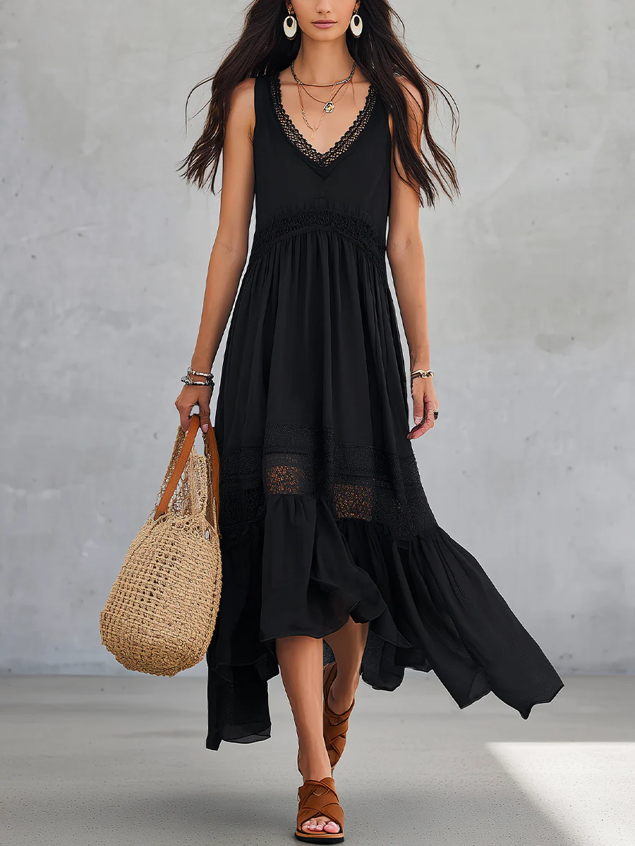 Graceful Black Lace V-Neck Midi Dress