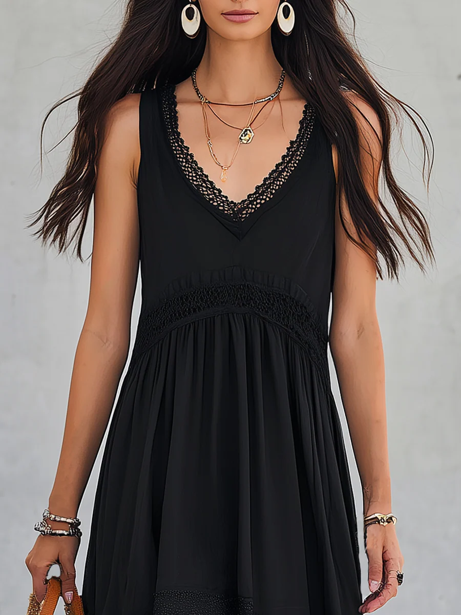 Graceful Black Lace V-Neck Midi Dress - Image 2