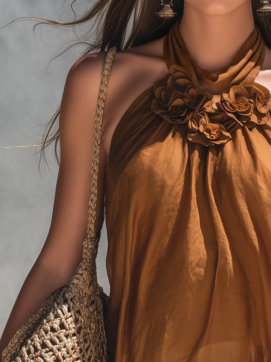 Graceful Caramel Floral Halter Top - Image 2