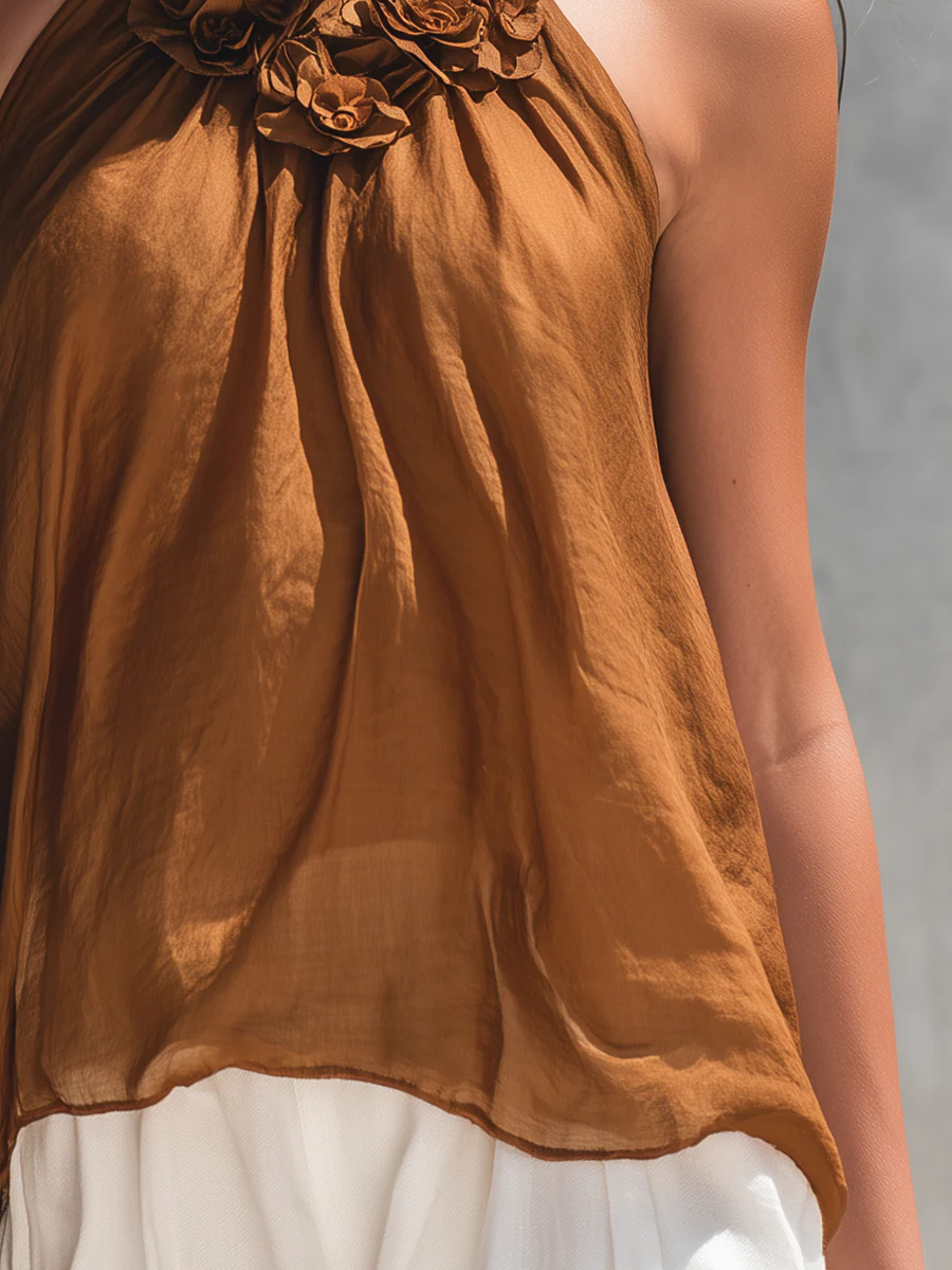 Graceful Caramel Floral Halter Top - Image 3