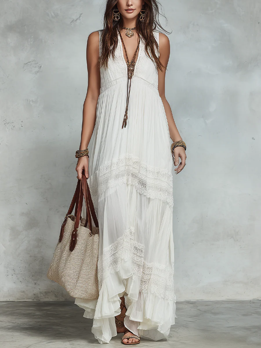 Graceful Ivory Lace Panel Maxi Dress