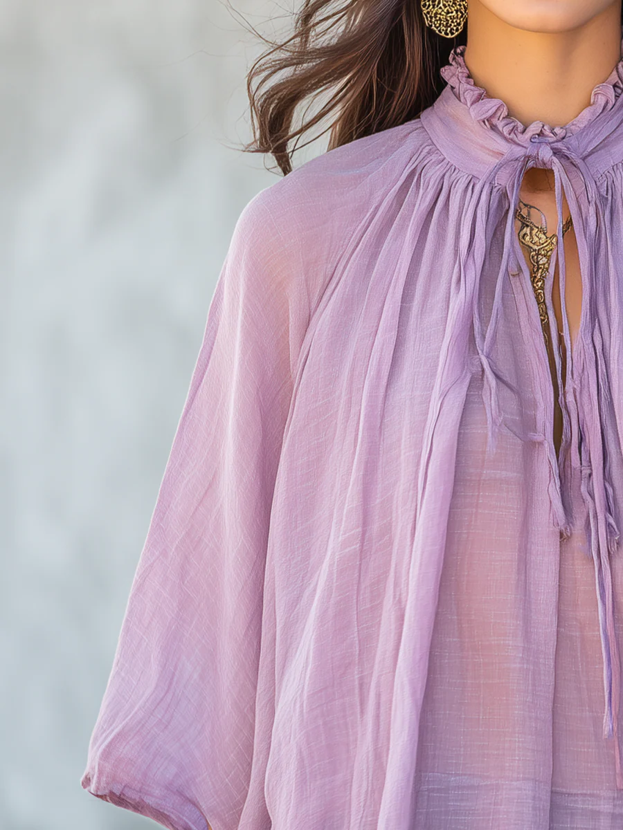 Graceful Lavender Tie Neck Oversized Blouse - Image 3