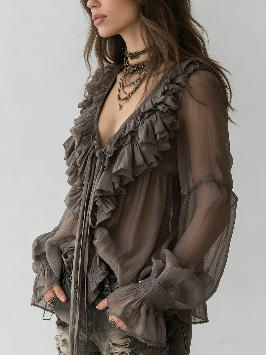 Grey Bohemian Ruffled Shirt - Image 2