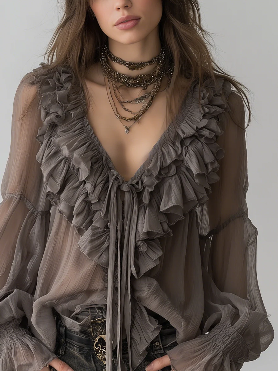 Grey Bohemian Ruffled Shirt - Image 3