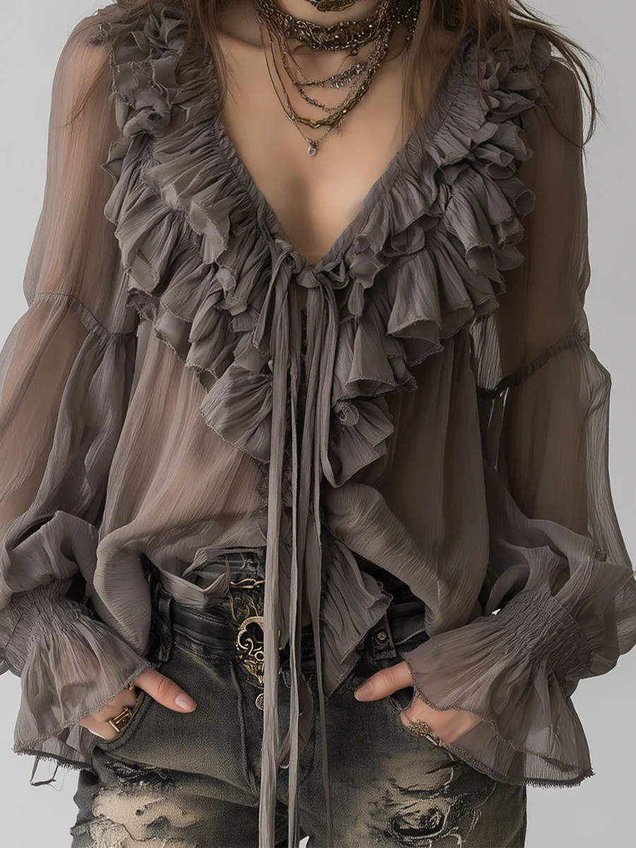 Grey Bohemian Ruffled Shirt - Image 4