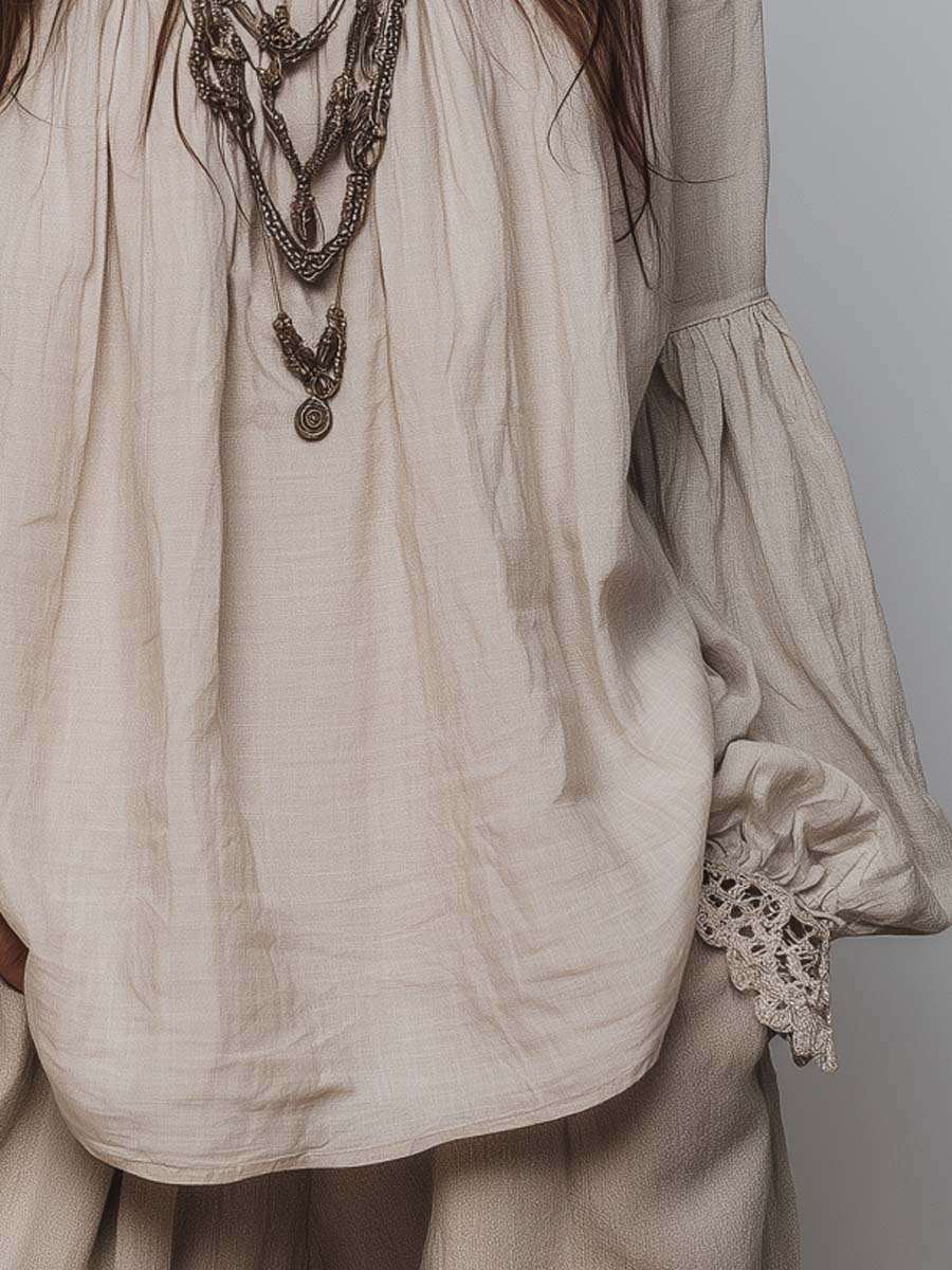 Lace-trimmed Pleated Cotton Linen Blouse - Image 3