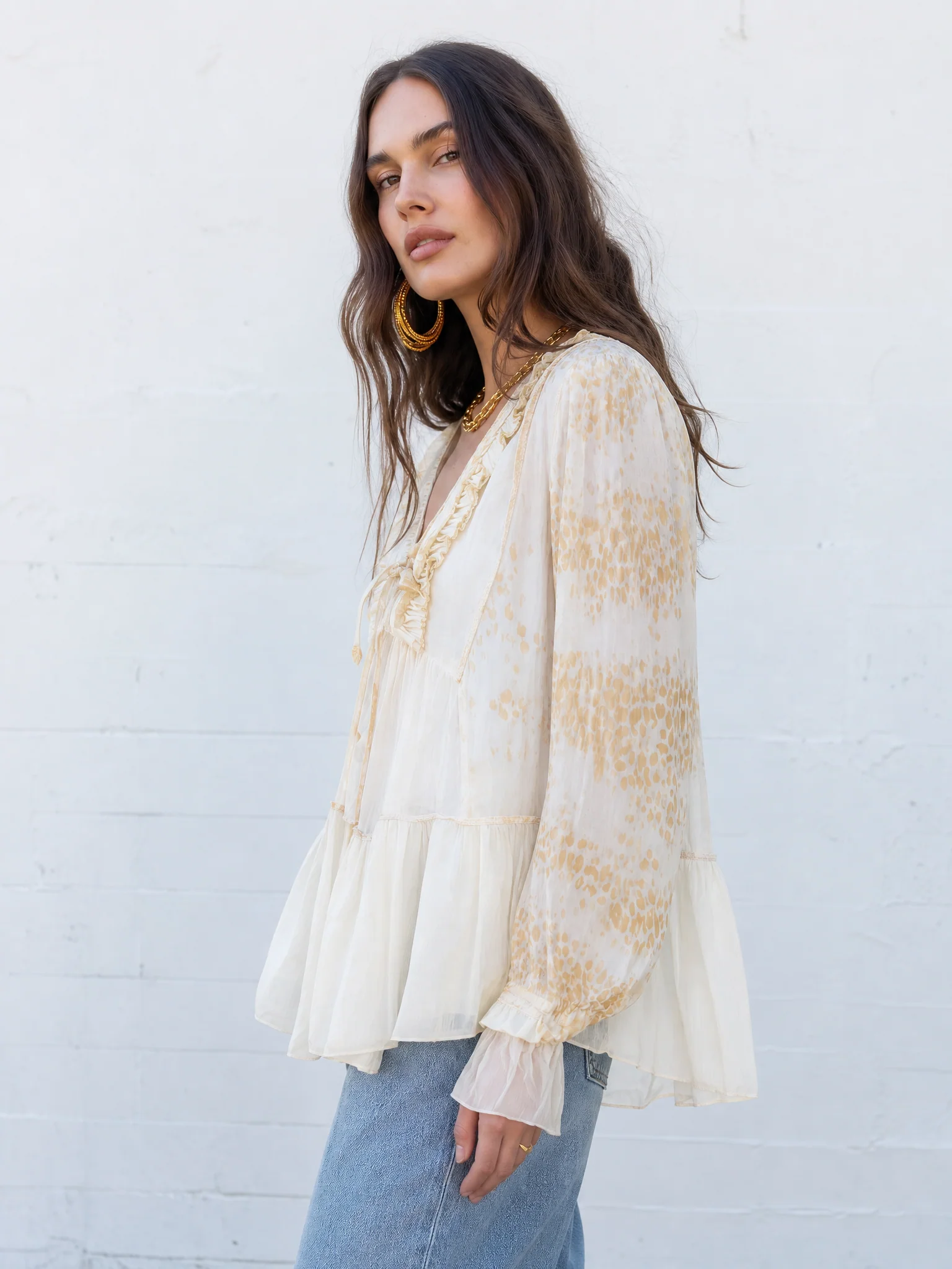 Leopard Print V-Neck Ruffle Tie-Front Blouse with Bishop Sleeves - Image 2