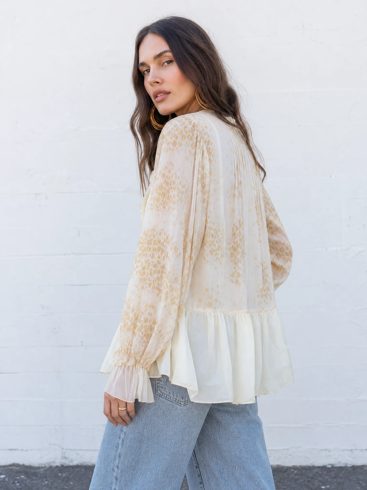 Leopard Print V-Neck Ruffle Tie-Front Blouse with Bishop Sleeves - Image 3