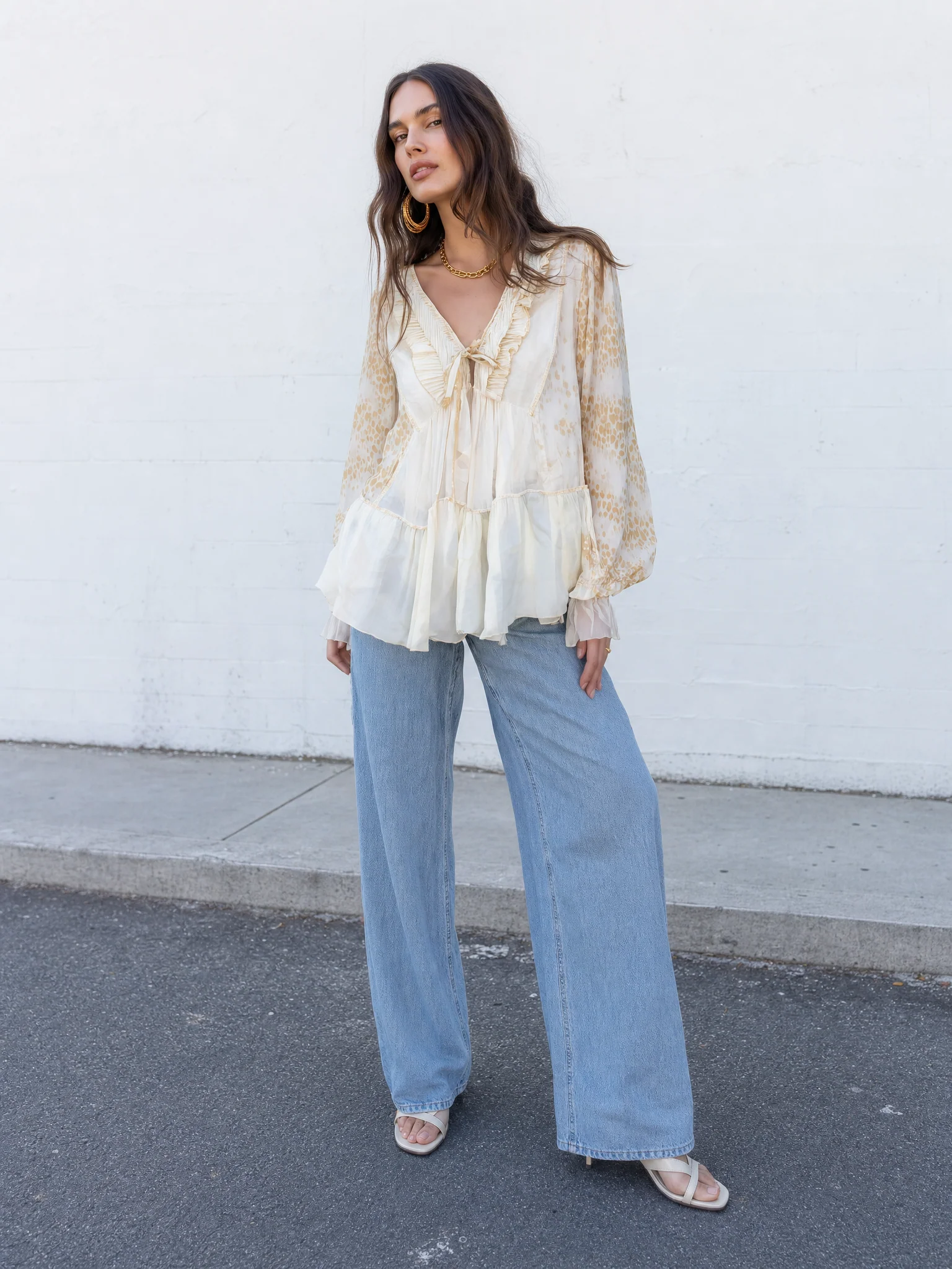 Leopard Print V-Neck Ruffle Tie-Front Blouse with Bishop Sleeves - Image 4