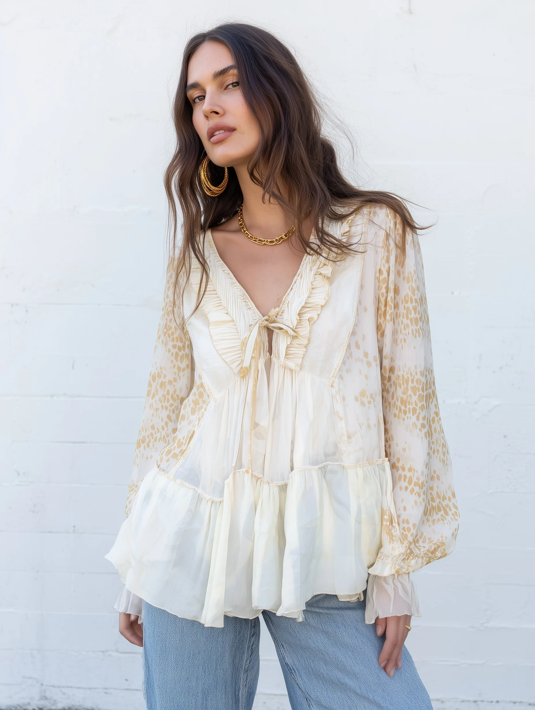 Leopard Print V-Neck Ruffle Tie-Front Blouse with Bishop Sleeves - Image 5