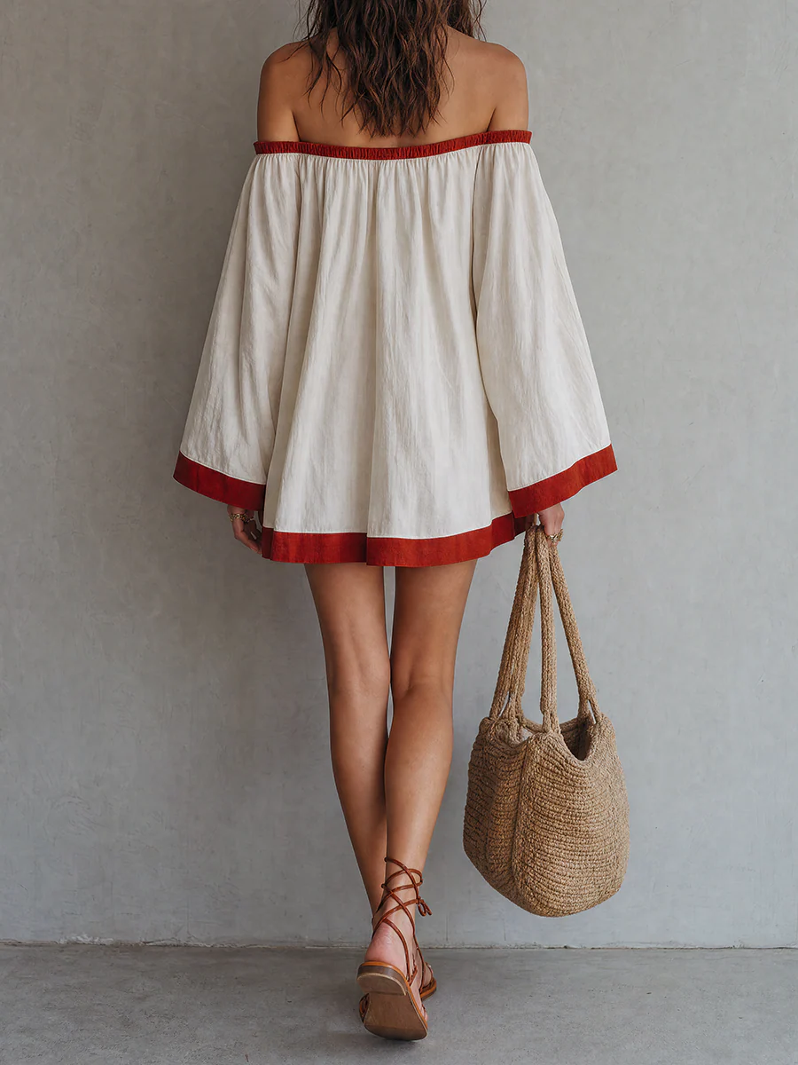 Mediterranean Chic Cotton Off Shoulder Tunic Dress - Image 2