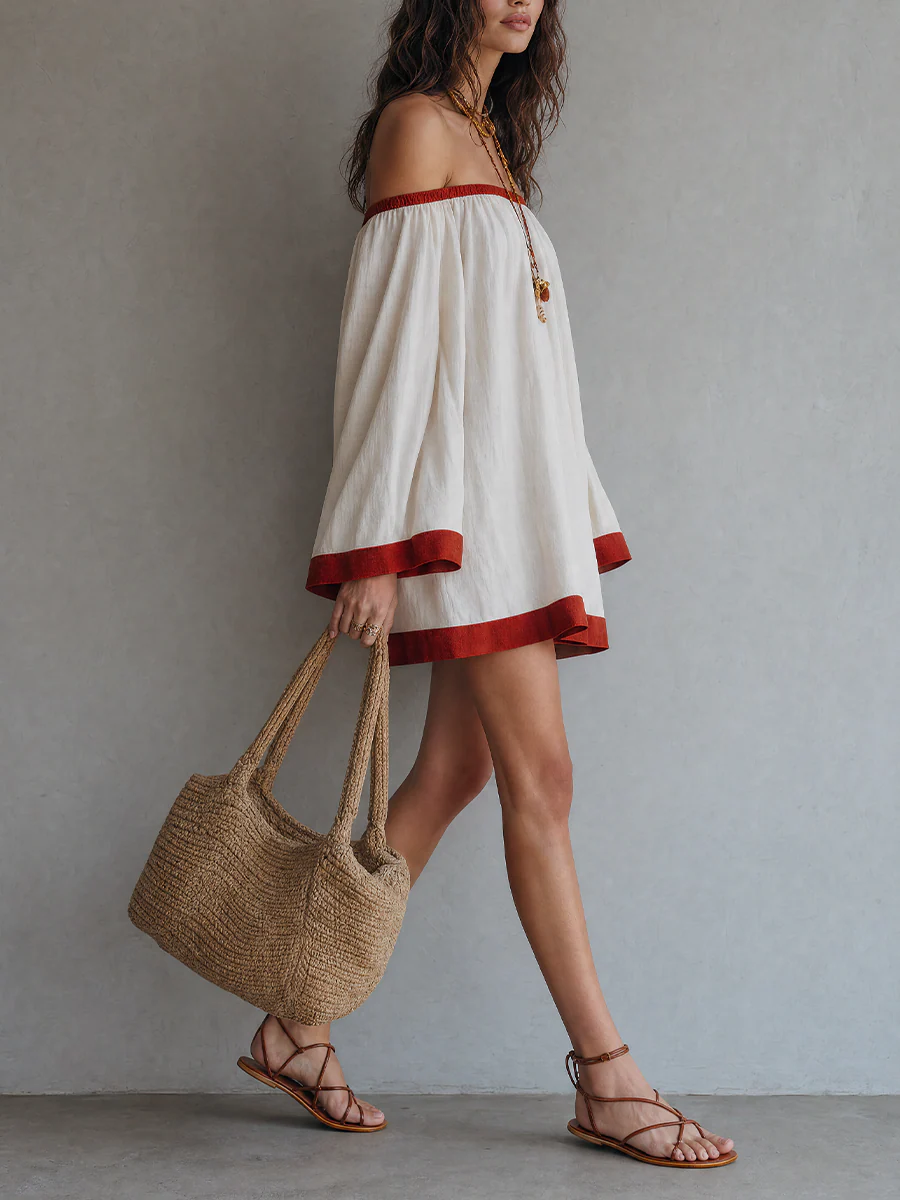 Mediterranean Chic Cotton Off Shoulder Tunic Dress - Image 3