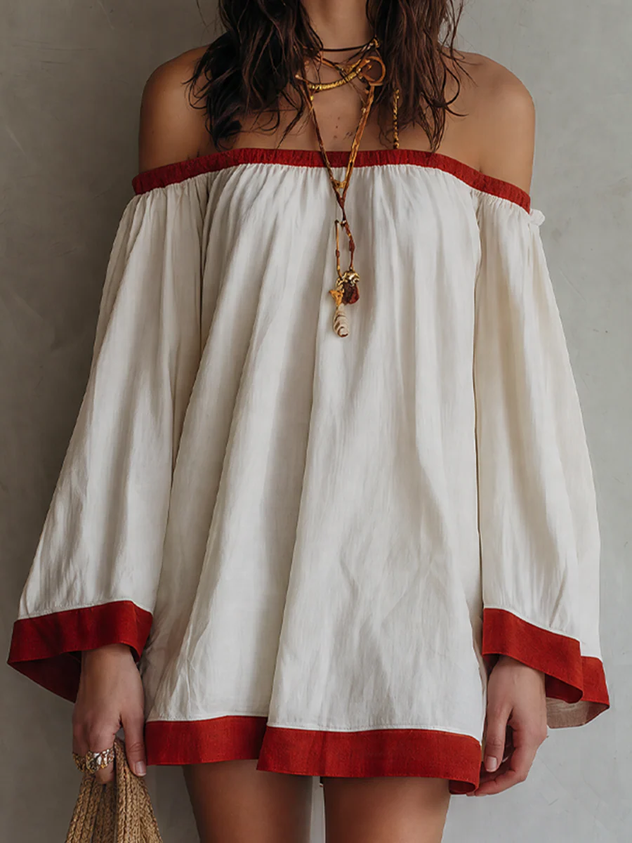 Mediterranean Chic Cotton Off Shoulder Tunic Dress - Image 4