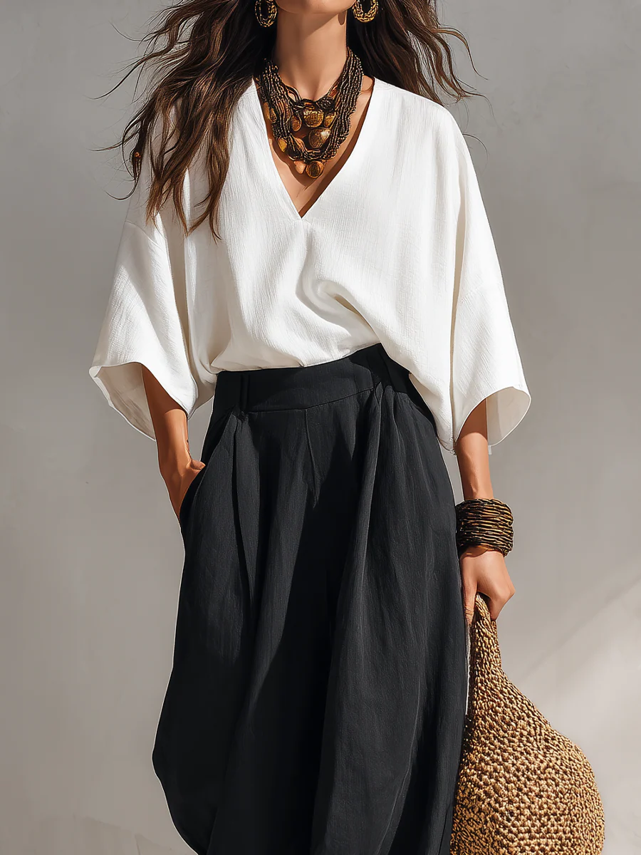 Minimal Bohemian Oversized Blouse & Draped Harem Pants Set - Image 2