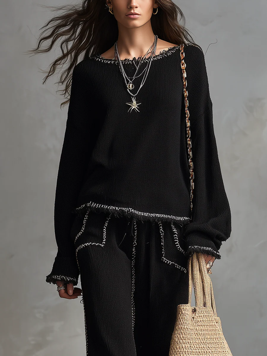 Minimal Boho Frayed Edge Knit Top & Wide Leg Pants Set - Image 2
