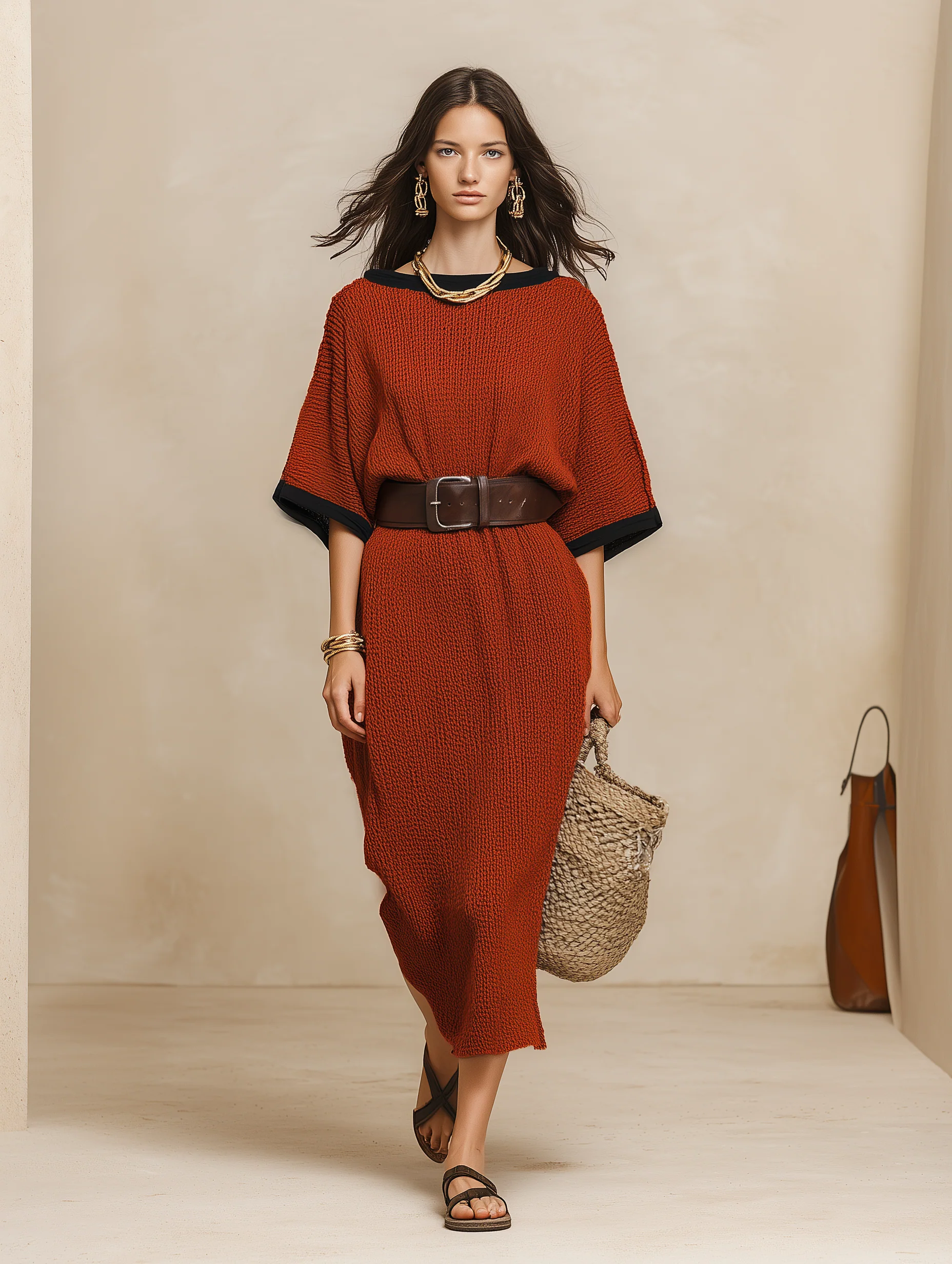Minimalist Autumn Sweater-Knit Round-Neck Cocoon Brick Red Maxi Dress - Image 2