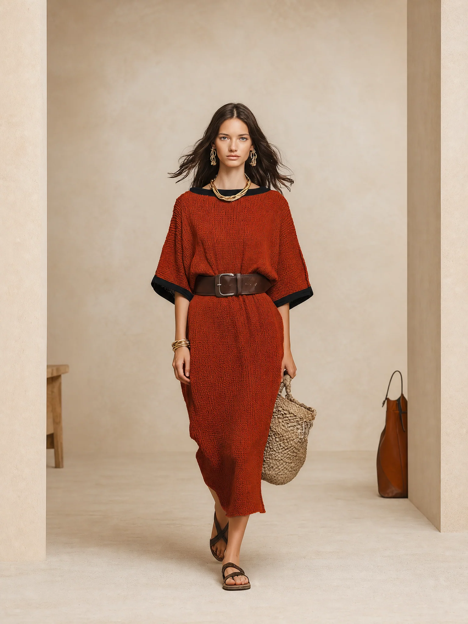 Minimalist Autumn Sweater-Knit Round-Neck Cocoon Brick Red Maxi Dress - Image 3