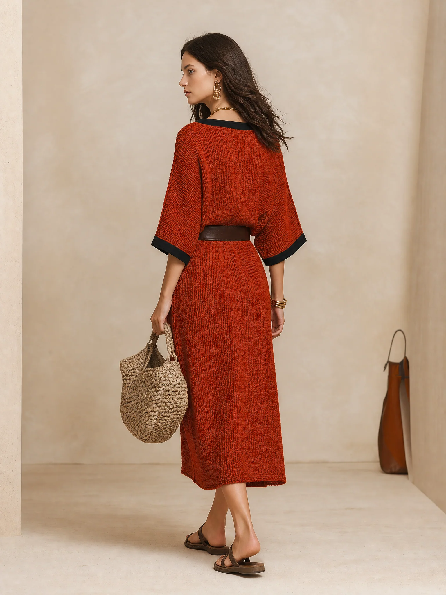 Minimalist Autumn Sweater-Knit Round-Neck Cocoon Brick Red Maxi Dress - Image 4