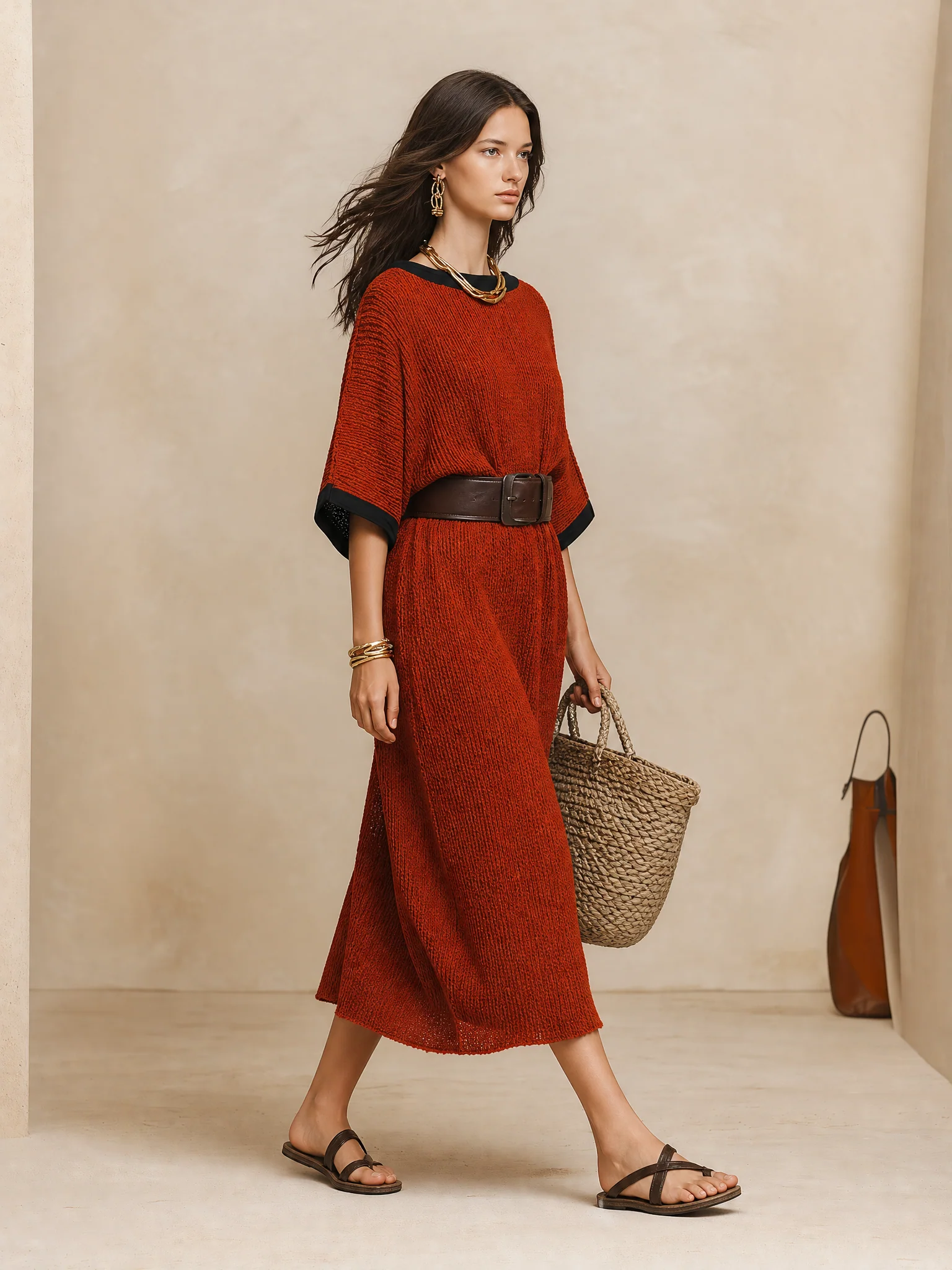 Minimalist Autumn Sweater-Knit Round-Neck Cocoon Brick Red Maxi Dress - Image 5