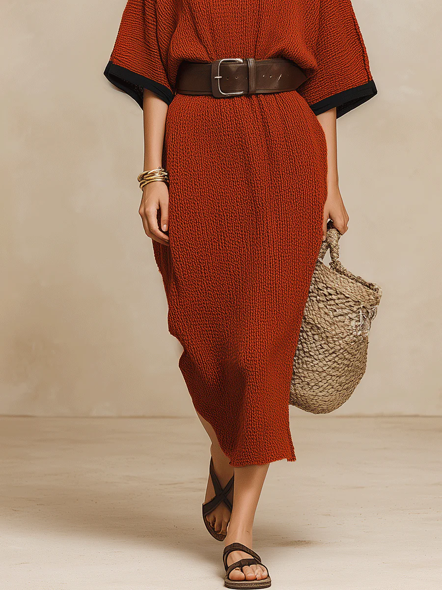 Minimalist Autumn Sweater-Knit Round-Neck Cocoon Brick Red Maxi Dress - Image 6