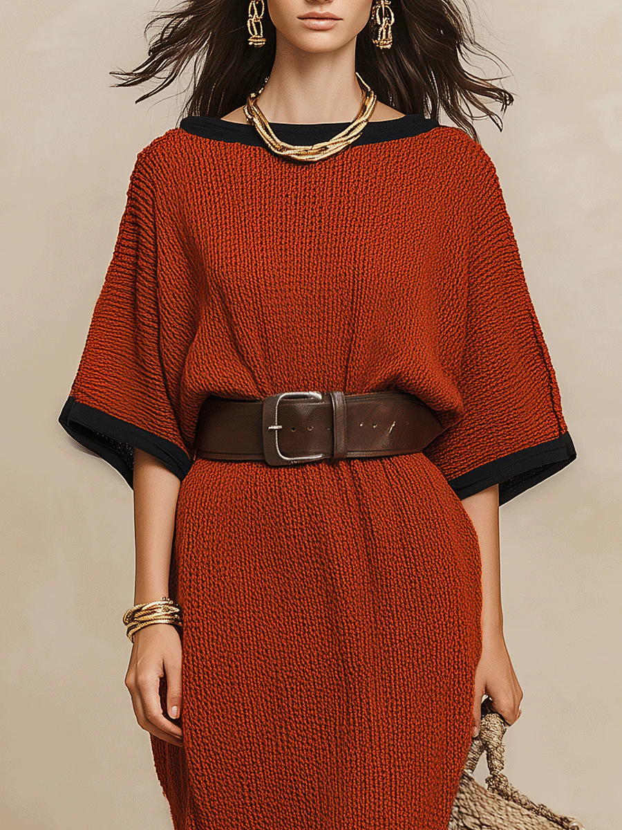Minimalist Autumn Sweater-Knit Round-Neck Cocoon Brick Red Maxi Dress - Image 7