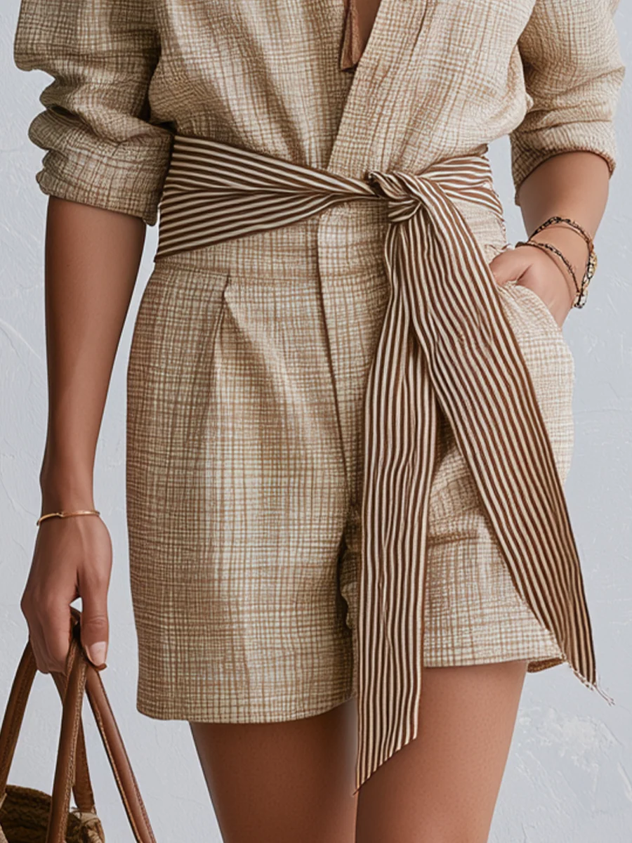 Minimalist Beige Striped Sleeveless Jumpsuit - Image 3