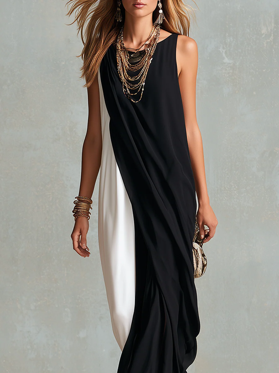 Minimalist Black White Color Block Sleeveless Maxi Dress - Image 2