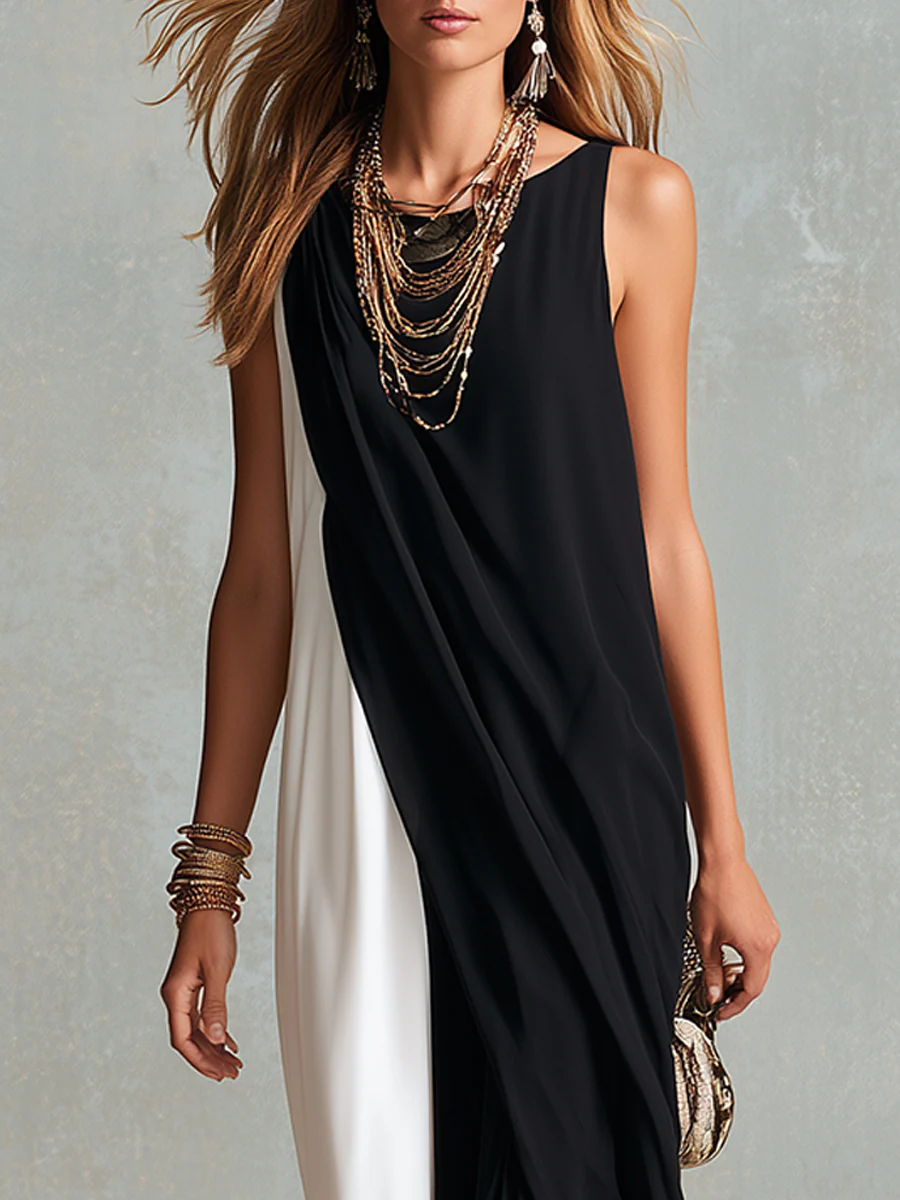 Minimalist Black White Color Block Sleeveless Maxi Dress - Image 3
