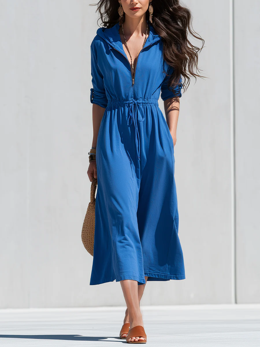 Minimalist Blue Drawstring Hooded Midi Dress