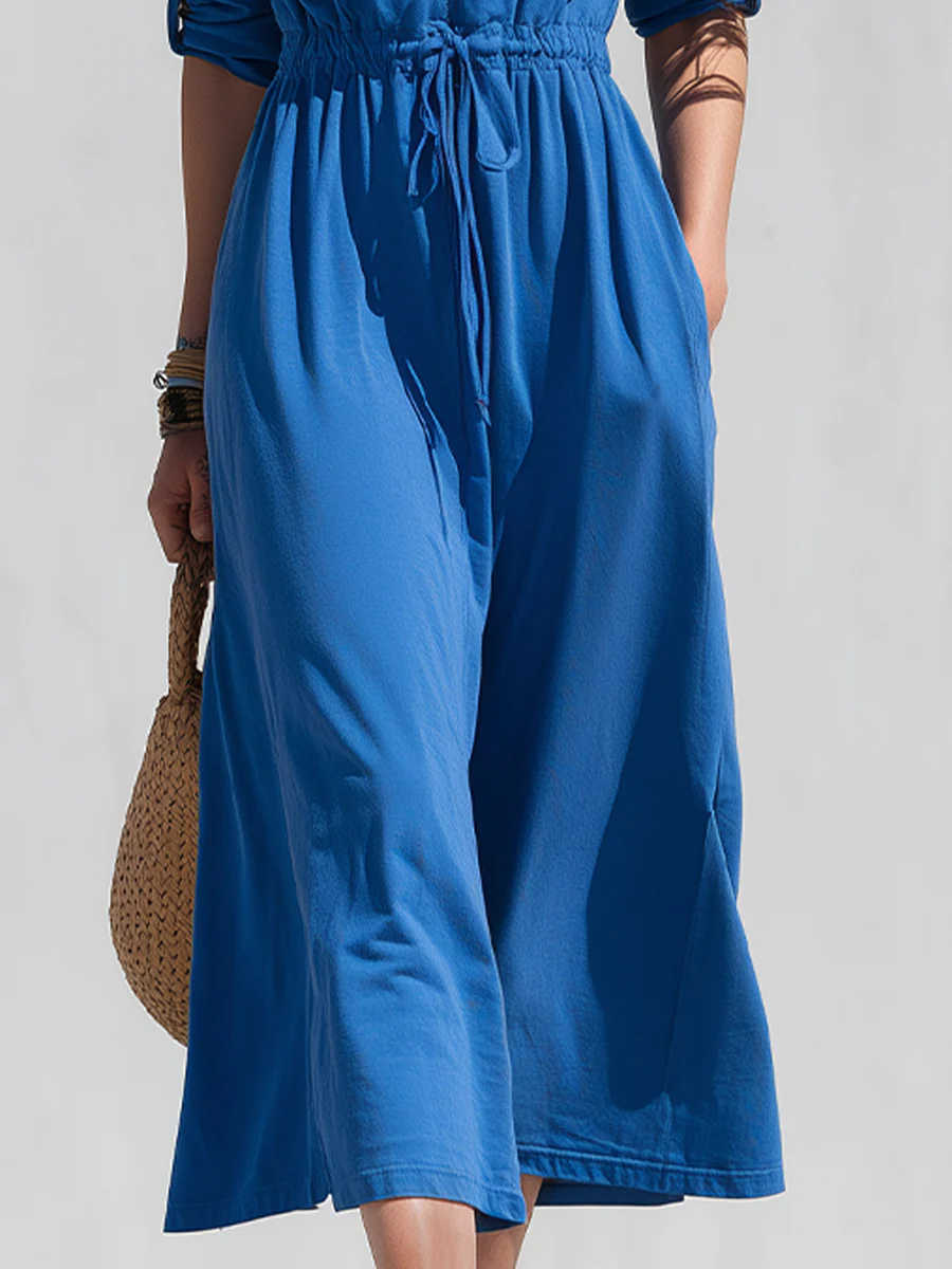 Minimalist Blue Drawstring Hooded Midi Dress - Image 3