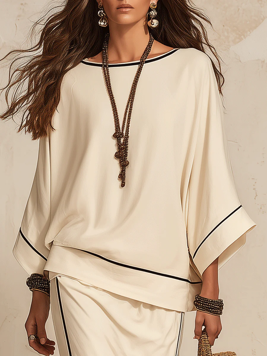 Minimalist Boho Linen Loose Side-Slit Beige Maxi Skirt Set - Image 2
