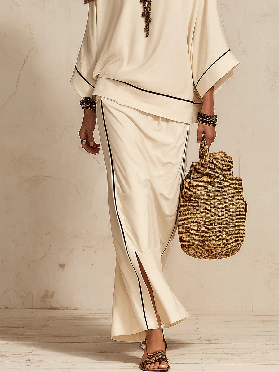 Minimalist Boho Linen Loose Side-Slit Beige Maxi Skirt Set - Image 3