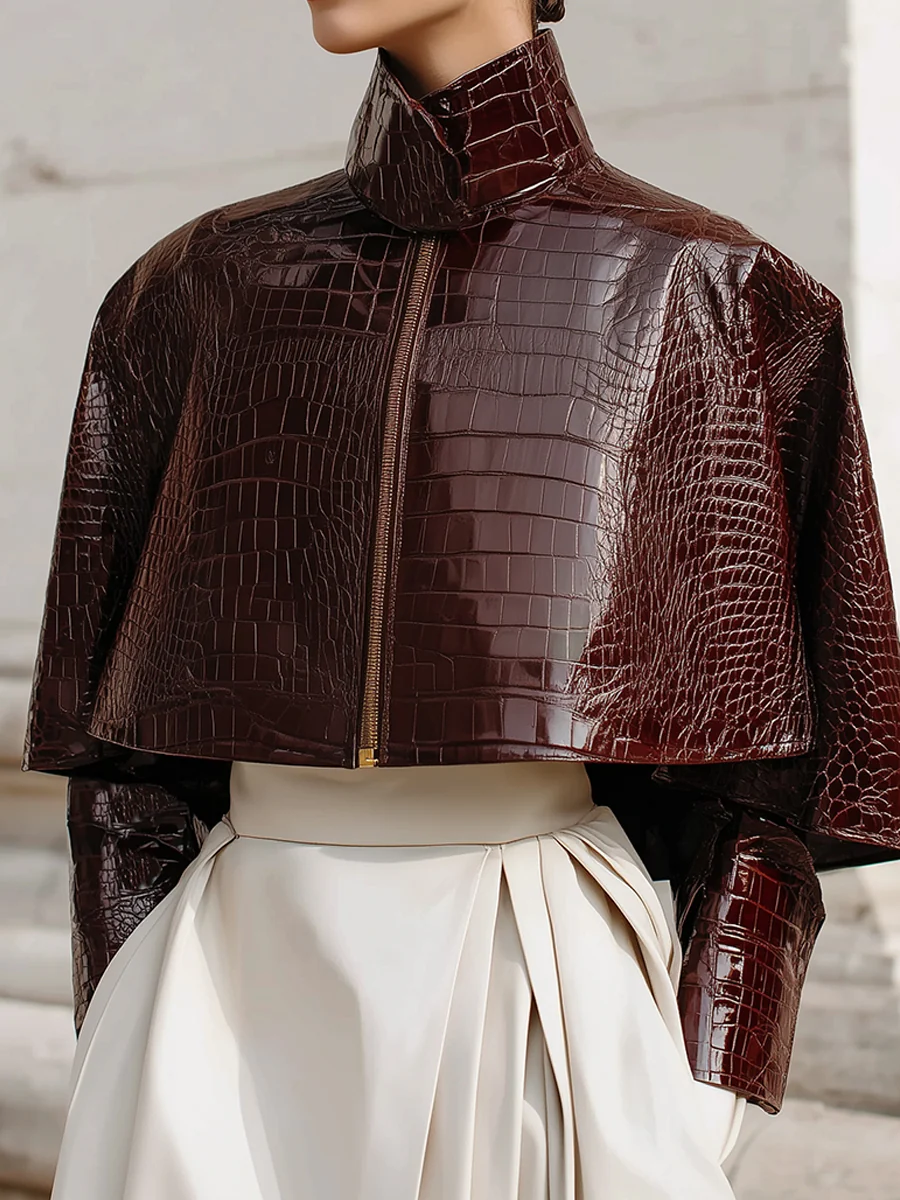 Minimalist Cape Collar Glossy Crocodile Eco-leather Jacket - Image 4