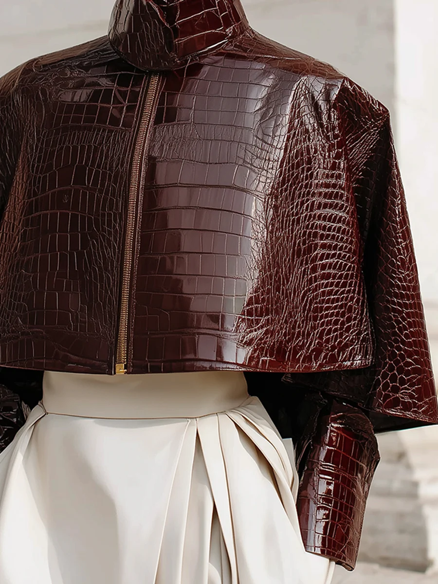 Minimalist Cape Collar Glossy Crocodile Eco-leather Jacket - Image 5
